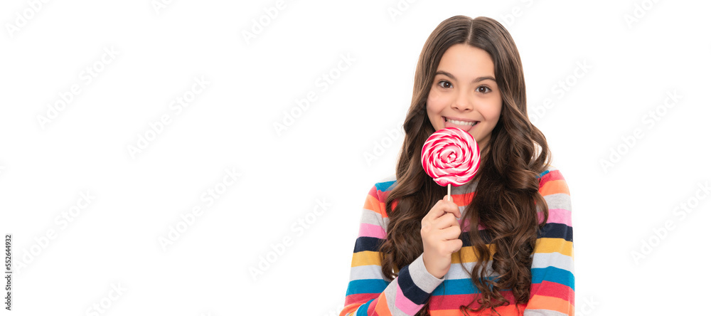 healthy childhood. teen dental care. sweet tooth. yummy. happy girl hold lollipop. Teenager child with sweets, poster banner header, copy space.