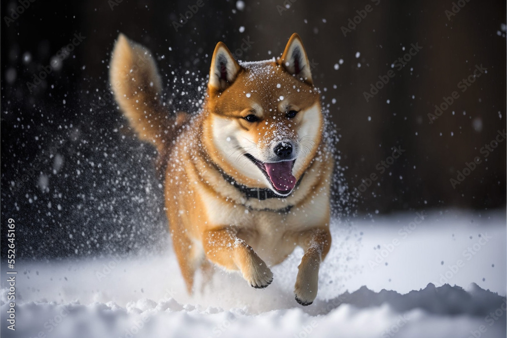 Shiba Hund spielt im Schnee - ai generiert