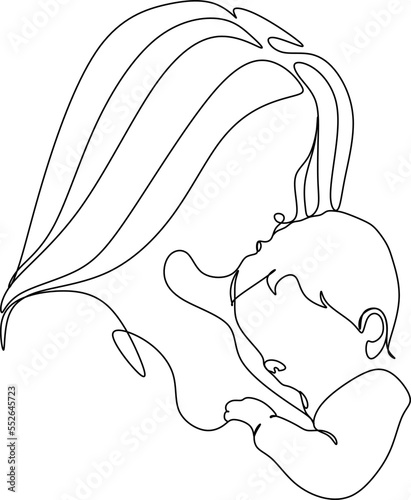 Abstract mother with a child in continuous one line drawing art style. Mother`s Day card. Woman hugging her baby. Happy motherhood concept. Modern vector illustration