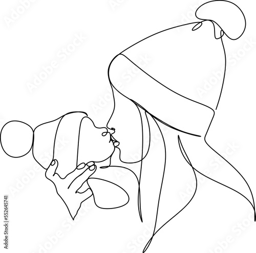 Abstract mother with a child in continuous one line drawing art style. Mother`s Day card. Woman hugging her baby. Happy motherhood concept. Modern vector illustration