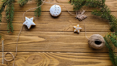 Handmade on a wooden background, place for writing. Christmas and New Year mood. Each photo from the group complements the other