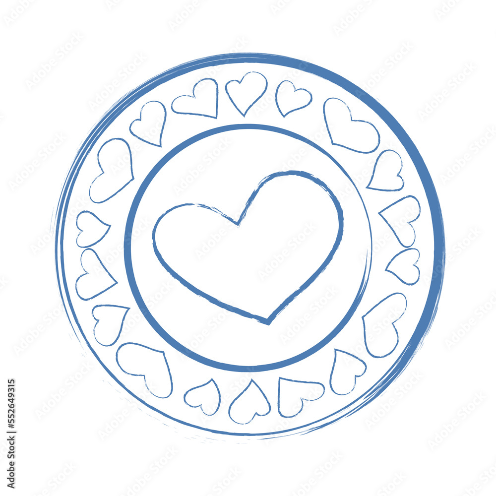 love stamp with heart as an abstract symbol of love, blue ink on white background, vector