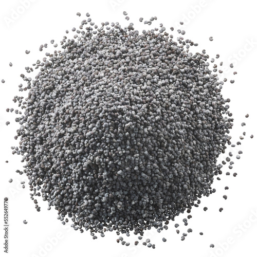 Pile of grey-bluish poppy seeds (Papaver somniferum), top view isolated png photo