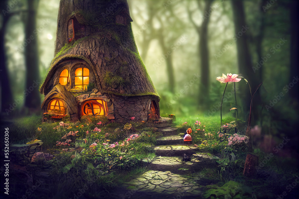 Fantasy house inside big tree in forest, generative ai illustration