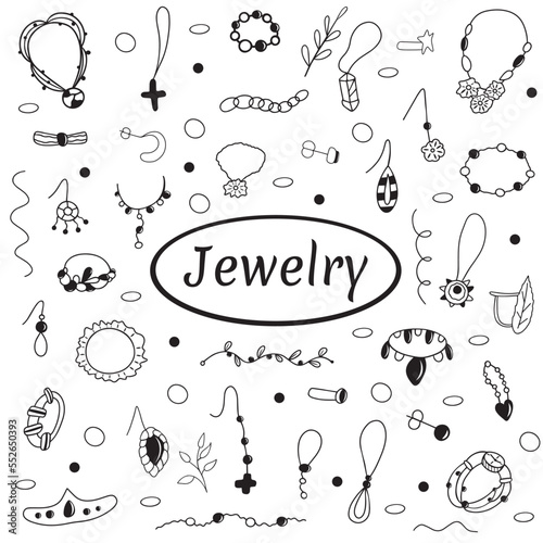 Black and white jewelry doodle set. Collection of hand drawn sketches templates patterns of wedding engagement rings bracelets earrings. Beautiful fashionable accessories illustration.