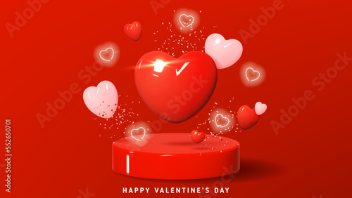 Happy Valentine s Day banner. Vector illustration with red and pink hearts on 3d podium. Holiday decoration design with 3d composition for Valentine s Day. Holiday banner.