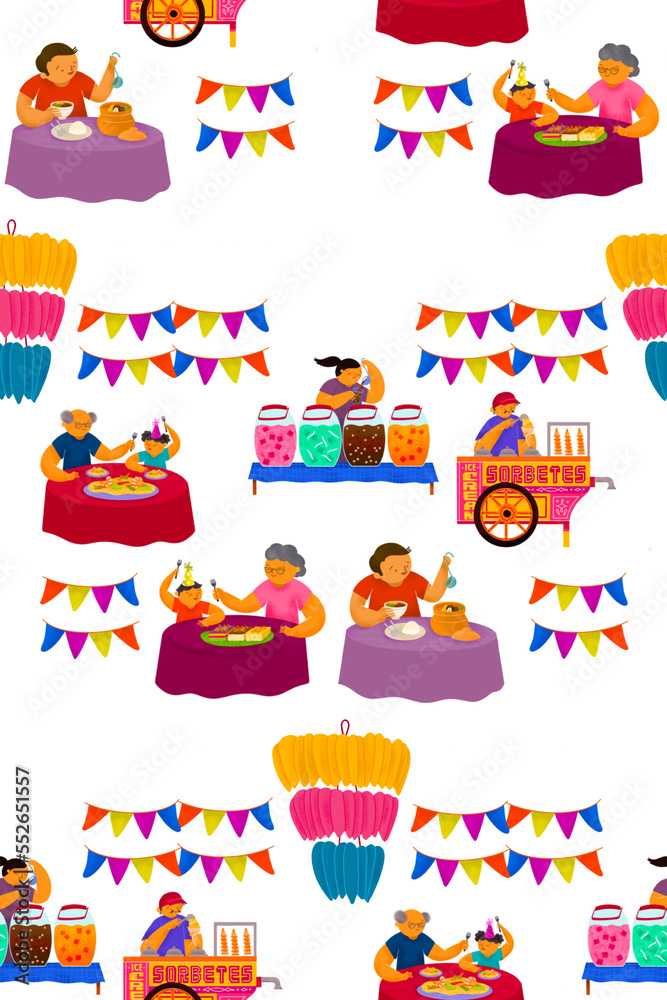 Filipino fiesta scene pattern on people eating outdoors with samalamig beverage vendor and sorbetes cart, with banderitas and kiping centerpiece Filipino fiesta scene pattern on people eating outdoors with samalamig beverage vendor and sorbetes cart, with banderitas and kiping centerpiece