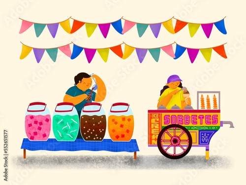 Filipino fiesta scene with samalamig vendor and sorbetes cart vendor with banderitas on cream background