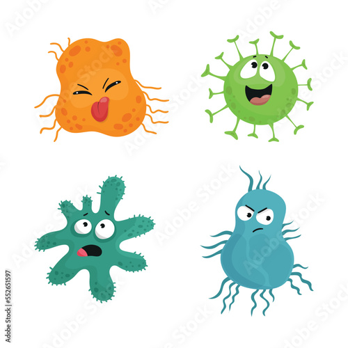 Collection of colorful bacteria and viruses with different emotions. Funny cartoon microbes.