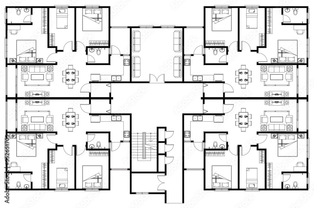 Architect's layout drawing of 4 medium size apartments with 3 bedrooms complete with furniture. 2D drawing using CAD in black and white. 4 houses sharing the same floor. 
 - obrazy, fototapety, plakaty 