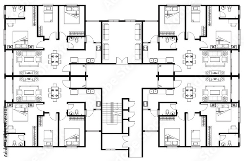 Architect's layout drawing of 4 medium size apartments with 3 bedrooms complete with furniture. 2D drawing using CAD in black and white. 4 houses sharing the same floor. 
