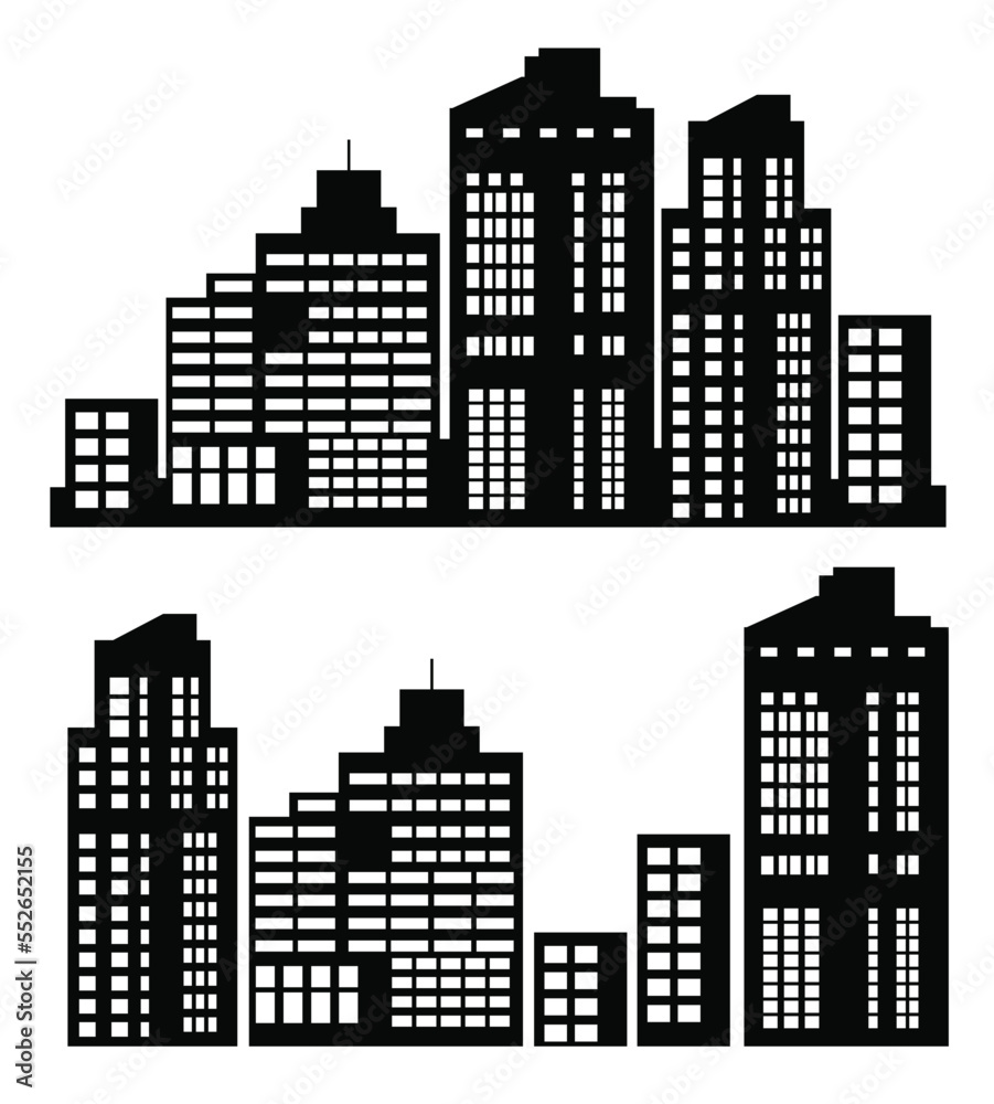 A flat black skyscraper and low-rise building silhouette