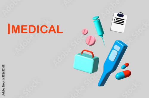 A set of medicines in 3D style (thermometer, first aid kit, syringe, tablet, pill, protocol.