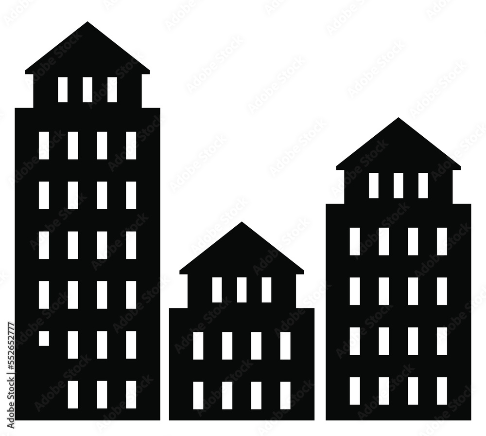 A flat black skyscraper and low-rise building silhouette set A flat black skyscraper and low-rise building silhouette set