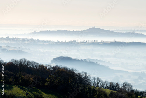 View through the clouds to Glastonbury Tor from Draycott Sleights