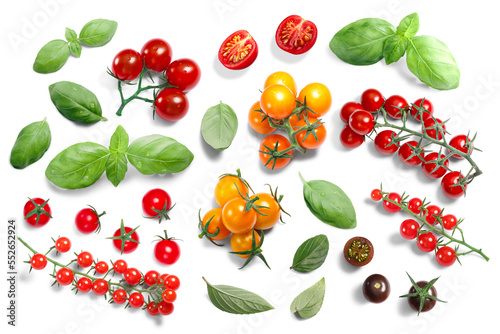 Basil and cherry tomatoes top view isolated png
