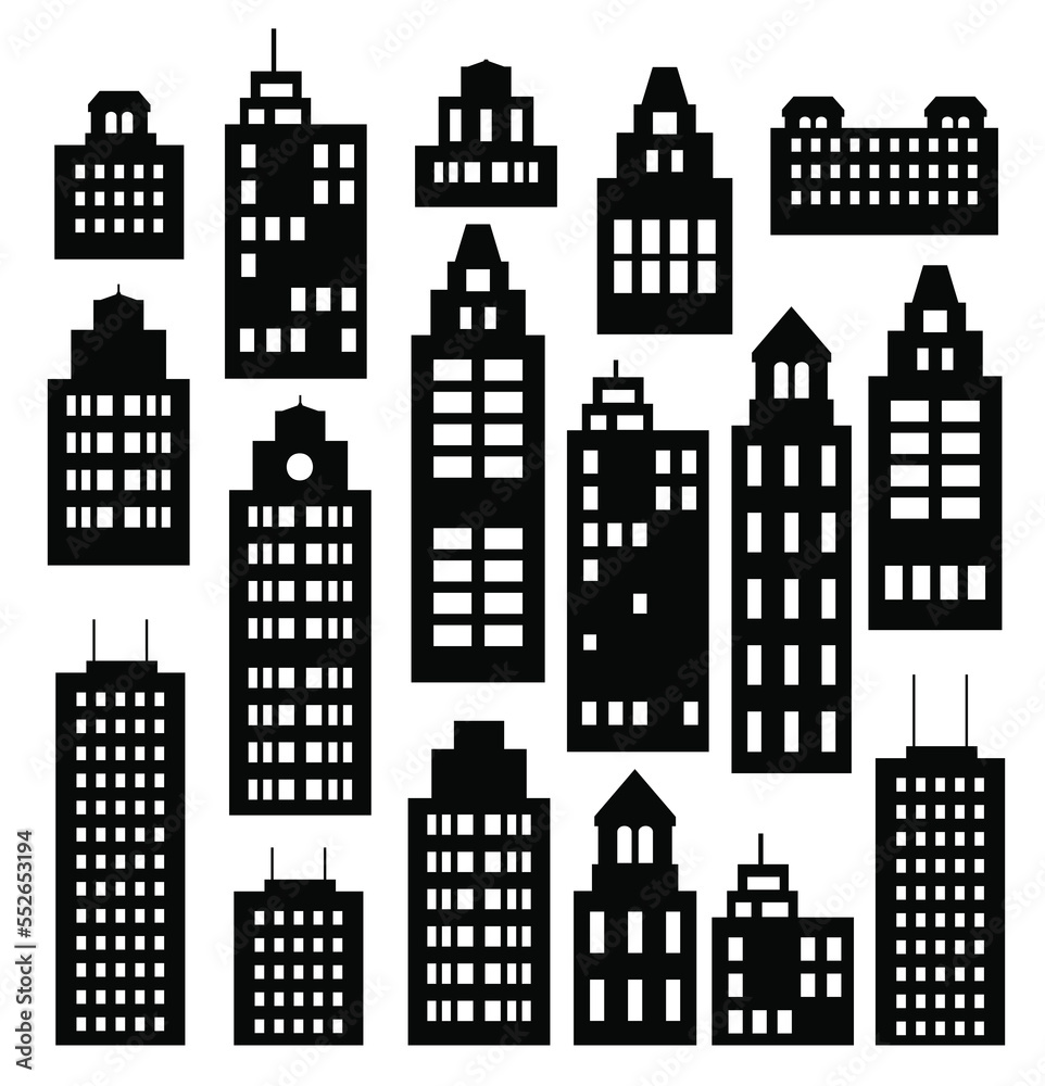 Landscape set of buildings silhouetted on white background
