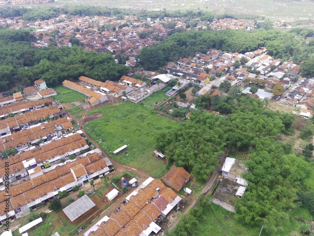 Abstract Defocused Blurred Background aerial view of a very wide residential area in Cikancung - Indonesia. Not Focus