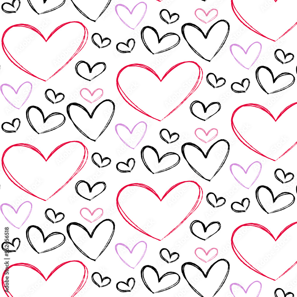Doodle hearts vector seamless pattern, handwriting, Valentine's day, lovers, love, celebration, pink, red, for print, textile, stationary, background, design, branding, packaging, wrapping paper 
