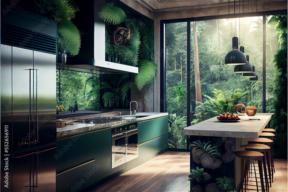 Luxury modern kitchen with a jungle theme with exotic plants interior