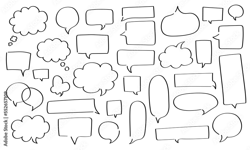 Obraz premium Big set of hand drawn speech bubbles different shape - round, rectangle, fluffy, etc. Big and small doodle chat clouds. Dialogue, discussion, online message sketch