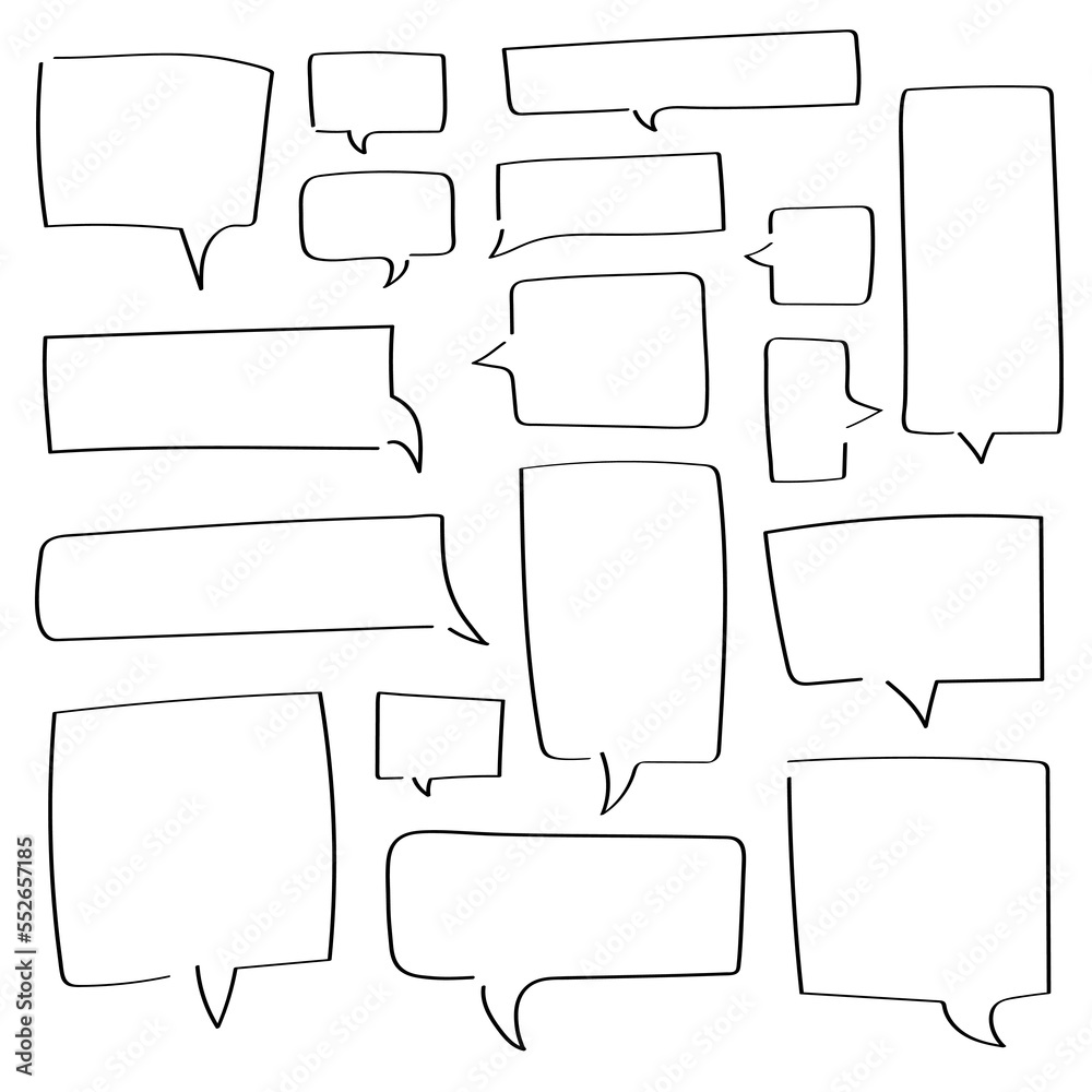 Obraz premium Collection of hand drawn square speech bubbles. Big and small doodle chat clouds. Dialogue, discussion, message, reply sketch on white background