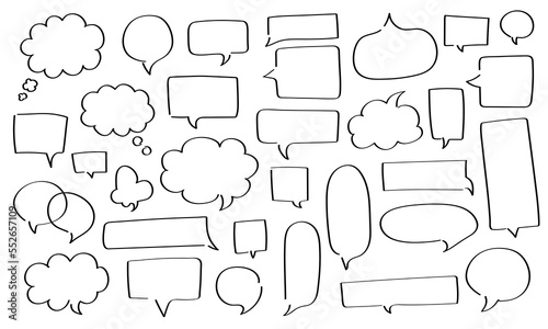 Big set of hand drawn speech bubbles different shape - round, rectangle, fluffy, etc. Big and small doodle chat clouds. Dialogue, discussion, online message sketch