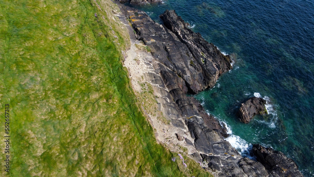 Dense thickets of grass on the shore. Grass-covered rocks on the Atlantic Ocean coast. Nature of Ireland, top view. Aerial photo.