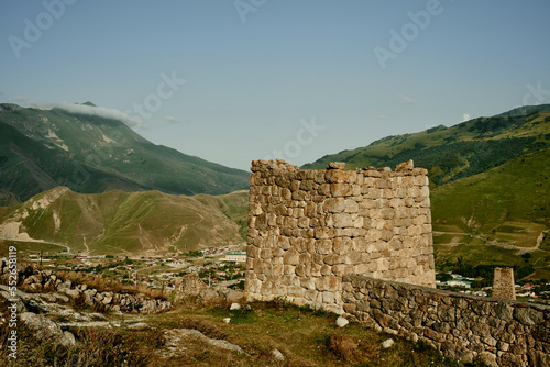 Ruins of tower in old mountain village. Tsmiti, North Ossetia-Alania, Russia.