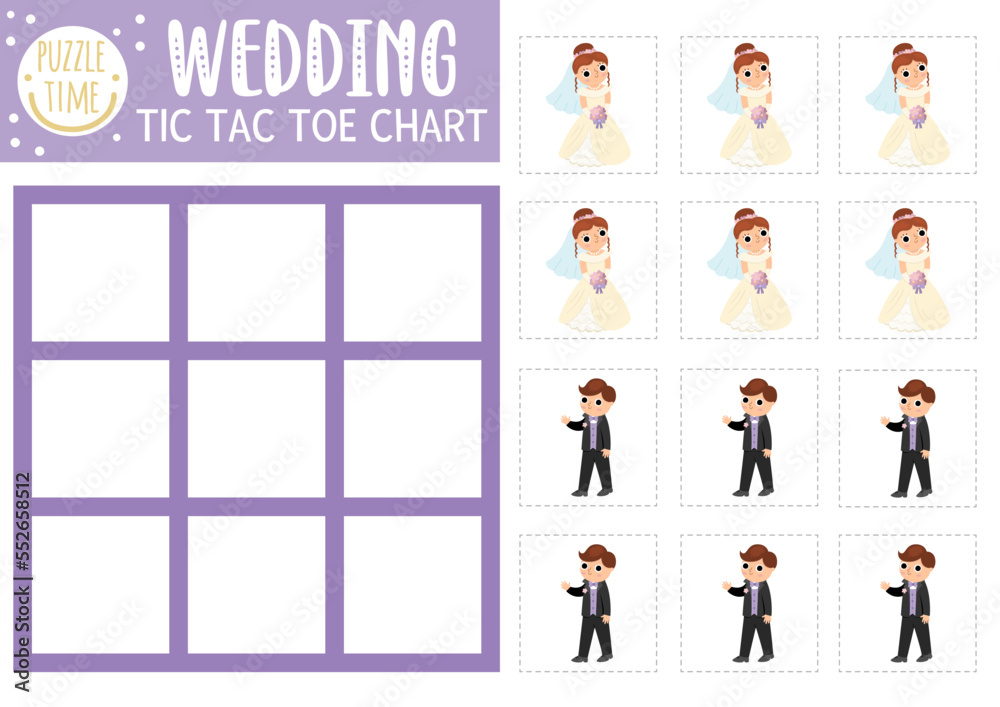 Vector wedding tic tac toe chart with bride and groom. Marriage ceremony board game playing field with cute characters. Funny family holiday printable worksheet. Noughts and crosses grid .