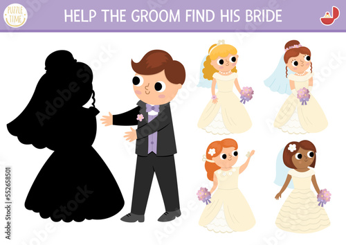 Wedding shadow matching activity with bride and groom. Marriage ceremony puzzle with cute just married couple. Find correct silhouette printable worksheet or game for kids.