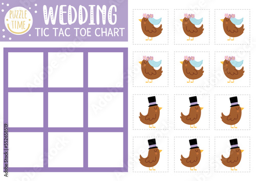 Vector wedding tic tac toe chart with bride and groom birds. Marriage ceremony board game playing field with cute characters. Funny family holiday printable worksheet. Noughts and crosses grid .