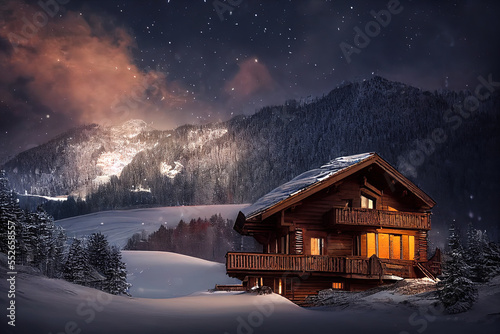 Illustration of an alpine cabin chalet in front of a snowy winter landscape in the mountains during night. Content is created with generative ai © Annabell Gsödl