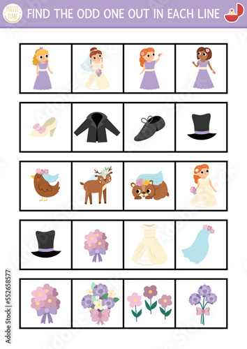 Find the odd one out. Wedding logical activity for children. Marriage ceremony educational quiz worksheet for kids for attention skills. Simple printable game with cute bride and groom