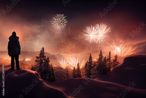 An unrecognizable person stands in front of a beautiful snowy alpine mountain landscape and enjoys the view at a pretty fireworks during silvester night. Content is created with generative ai