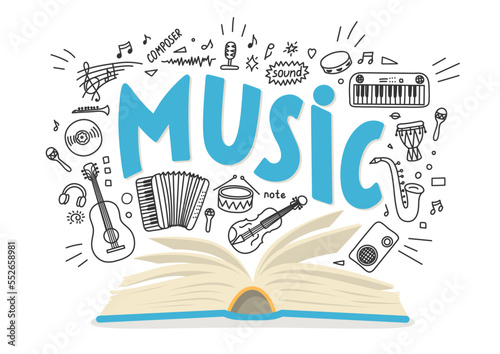Music textbook. Book about music. Hand drawn doodles and lettering with book