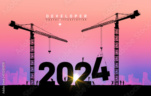 Silhouette of construction worker with crane and sky for preparation of welcome 2024 New Year party and change new business. Businessman engineer looking 2024 blueprint in a building site. Developer. photo