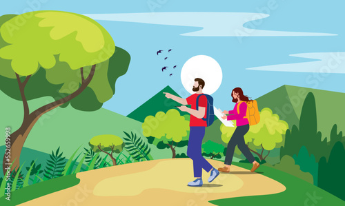 Romantic Tour  Love Couple Travel Together  Happy Young Man and Woman Dating on forest and Couple tourists travelling in jungle. beautiful forest landscape Nature and wildlife Vector Illustration.