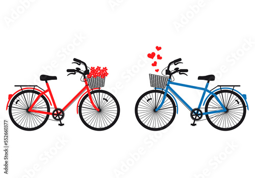 Female and male bicycles with hearts and flowers, love concept, illustration over a transparent background, PNG image