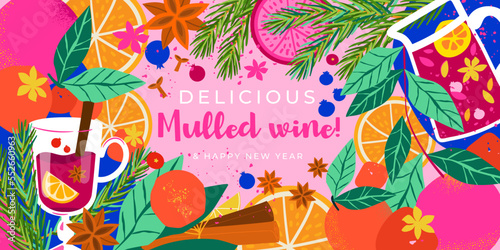 Banner with oranges, mulled wine, cinnamon and New Year's mood. It will be great as a sign at the fair, in the kiosk, and at the Christmas market.