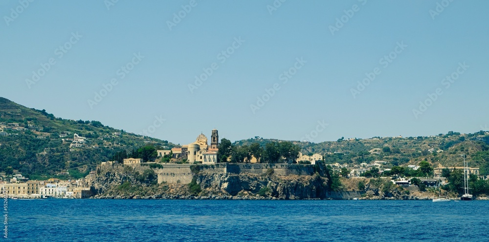 Lipari, one of the Aeolian islands in Sicily. View of the Lipari castle from the sea.