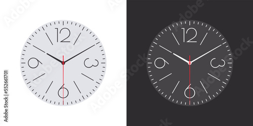 Watch faces. Modern clock faces. Classic watch dial. Clock faces on white and black background. Vector illustration