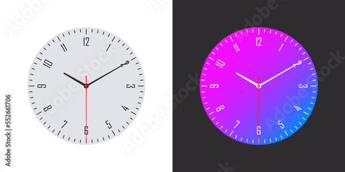 Clock faces. Watch faces. Modern watch dial. Clock faces on white and black background. Vector illustration