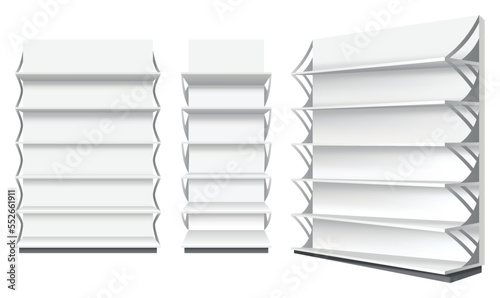 Store shelves. Wide supermarket showcase template. Set of white empty retail shelf rack. Mockup template ready for your design. Isolated on white background