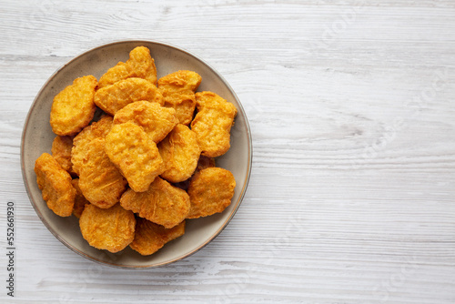 Homemade Chicken Nuggets with Ketchup, top view. Flat lay, overhead, from above. Copy space.