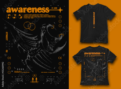 Retro futuristic poster with abstract element. In Techno style, stylish print for streetwear, print for t-shirts and hoodies, isolated on black background