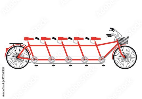 Red tandem bicycle with five seats, family concept, team work, illustration on a transparent background, PNG image