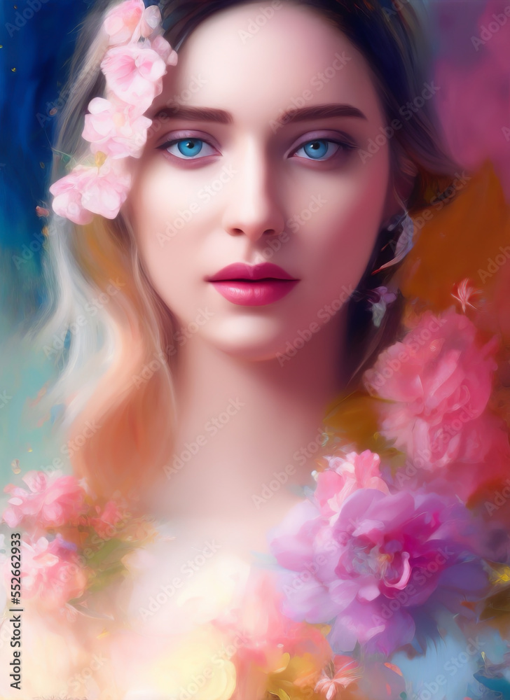 Naklejka premium Colorful painting of a beautiful woman's face, Portrait of a beautiful woman with flowers. Generative AI