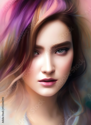 Painting of the face of a beautiful woman, Portrait of a beautiful woman. Generative AI