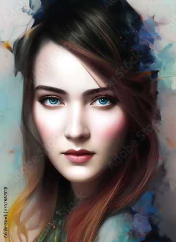 Painting of the face of a beautiful woman, Portrait of a beautiful woman. Generative AI